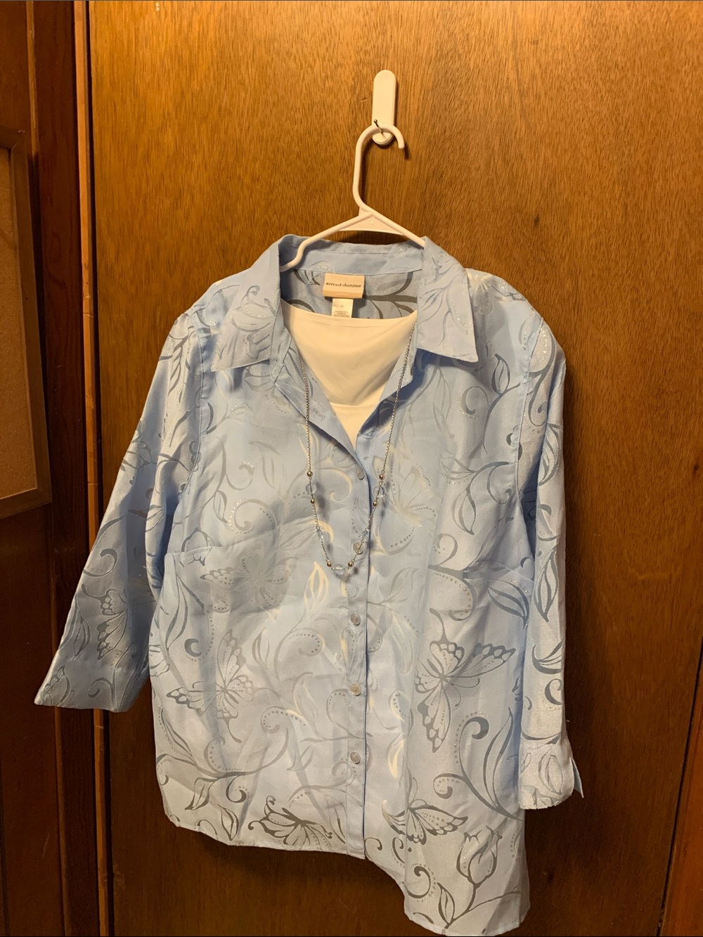 Alfred Dunner Sky Blue Floral-Butterfly Button Down Shirt